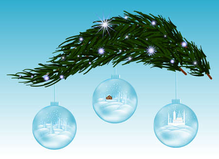 Beautiful vector background with snow covered fir-tree branch and three glass Christmas ballsのイラスト素材