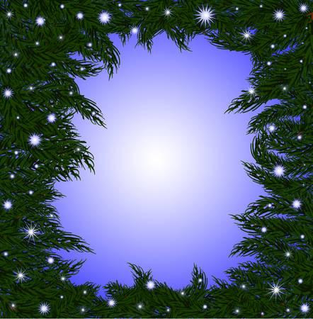 Beautiful vector frame with fir-tree branches and shining snowflakesのイラスト素材