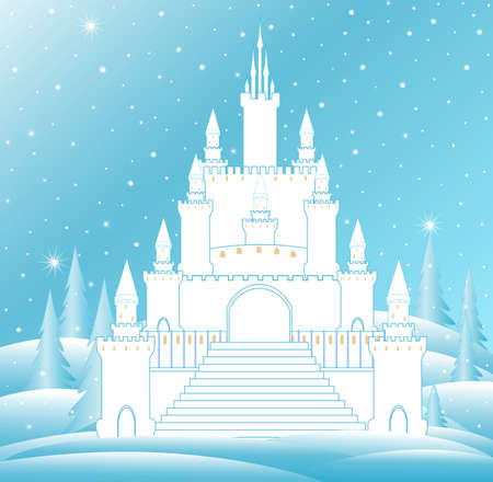 Vector snow queen's castle with frozen staircase and icy towers in frozen winter forest. Vector Christmas backgroundのイラスト素材