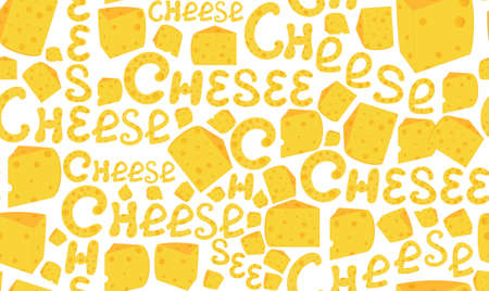 Food vector seamless pattern with cheese slices and handwritten words "Cheese". Endless food and drink texture. You can use any color of backgroundのイラスト素材