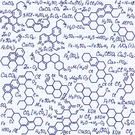 Scientific vector seamless texture with equations and formulas of chemical combinations, "handwritten on a grid copybook paper"のイラスト素材