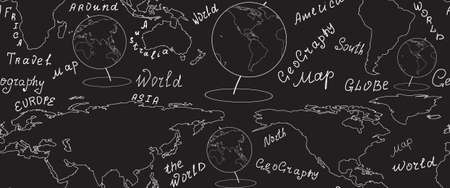 Geographic vector seamless pattern with world map and globes handwritten by chalk on grey board. Elements of this image furnished by NASAのイラスト素材