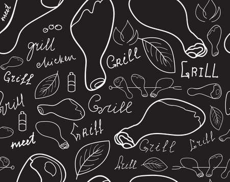 Food and drink vector seamless texture with chicken legs and word "Grill" handwritten by chalk on grey board. Endless vector patternのイラスト素材