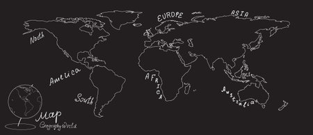 Vector world map handwritten by chalk on grey board. Elements of this image furnished by NASA