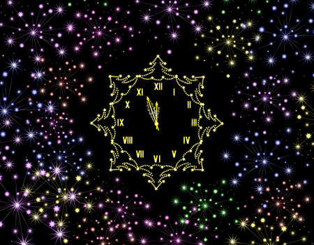 Beautiful festive Merry Christmas and Happy New Year vector background with multicolored fireworks and golden clock showing five minutes to midnightのイラスト素材