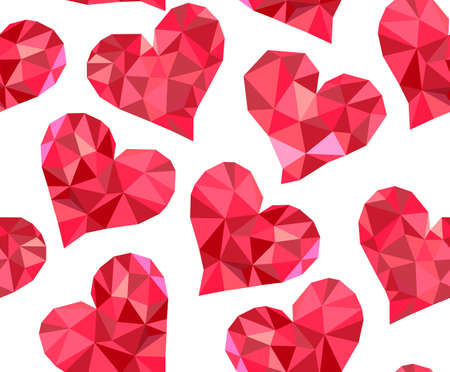 Valentine's day vector seamless pattern with red polygonal hearts made of different multicolored shapesのイラスト素材