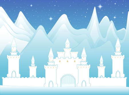 Vector magic castle in frozen mountains, night landscapeのイラスト素材