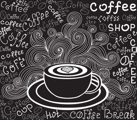 Endless food vector texture with coffee cup, curls and words "Coffee" handwritten by chalk on grey board. Food and drink vector seamless patternのイラスト素材
