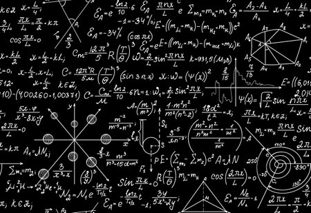 Physical scientific vector endless texture with formulas, tasks, plots, figures and calculationsのイラスト素材