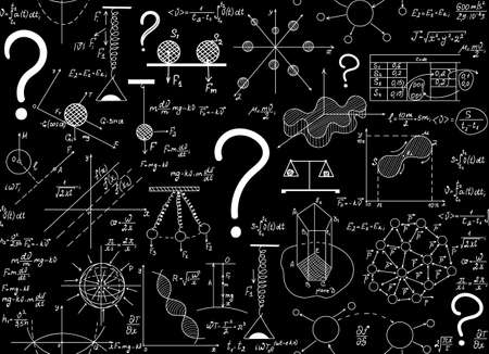 Scientific vector endless texture with chemical and physical figures, plots, formulas, equations and question marks. Physics seamless pattern. You can use any color of backgroundのイラスト素材