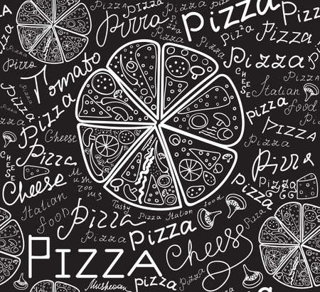 Food vector seamless pattern with pizza slices and words "Pizza", handwritten by chalk on grey board, vectorのイラスト素材