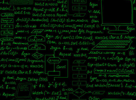 Programming technical vector seamless pattern with programming code, program flow diagrams, formulas, technical devices and schemes. Endless computer textureのイラスト素材