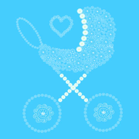 Baby carriage with curling figured flowers and heart. Vector blue pram for newborns, blue colorsのイラスト素材