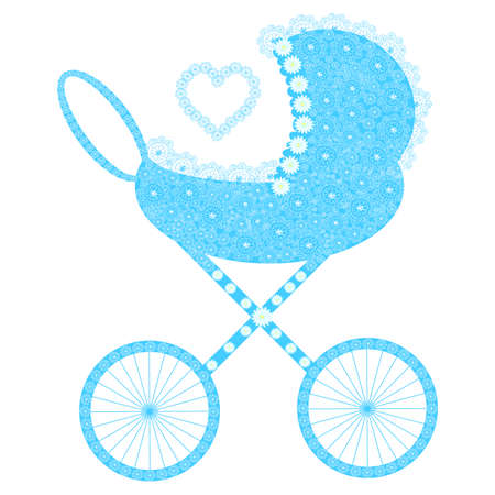 Baby carriage with curling figured flowers, blue colors. Vector children blue pramのイラスト素材