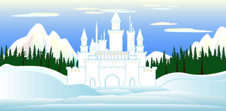 Vector castle and beautiful landscape with mountains and forestsのイラスト素材