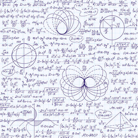 Math vector seamless texture with various mathematical signs, calculations, formulas, equations, figures. Algebraic endless pattern, handwritten on a grid copybook paperのイラスト素材