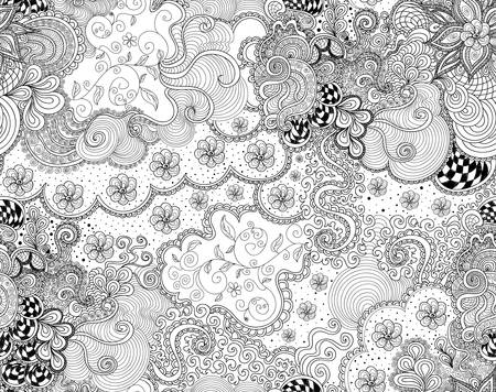 Beautiful floral abstract vector endless seamless pattern with decorative linear ornaments, flowers and figured curling lines. You can use it as a wallpaper in interior, clothing or typographic designのイラスト素材