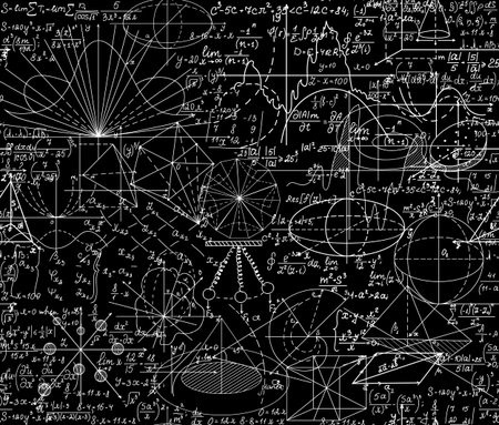 Beautiful vector mathematical vector seamless pattern with geometrical figures, formulas and equations, shuffled together. You can use any color of backgroundのイラスト素材