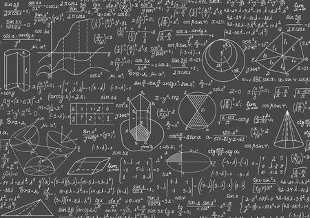 Mathematical grey educational seamless texture with handwritten school formulas and equations, figuresのイラスト素材