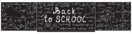 Grey vector school blackboard with chalk physical and mathematical formulas, equations, figures and handwritten text "Back to school"のイラスト素材