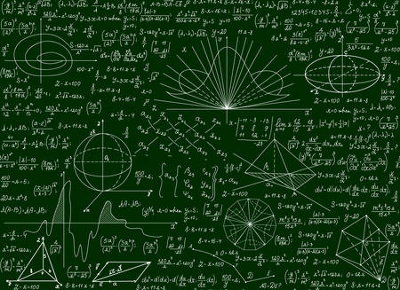 Mathematical vector scientific technical seamless pattern with handwritten formulas, calculations, equations on a green backgroundのイラスト素材
