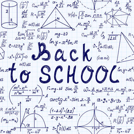 Math vector seamless pattern with handwritten text "Back to school", mathematical formulas, figures, calculations and equationsのイラスト素材
