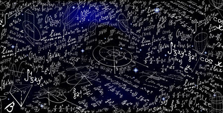 Mathematical vector endless seamless pattern with formulas, figures and calculations handwritten on the background of stars. Scientific space endless textureのイラスト素材