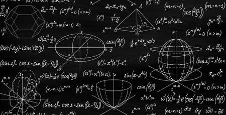 Mathematical vector seamless endless texture with formulas, figures and equations, handwritten with chalk on blackboardのイラスト素材