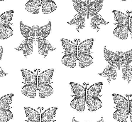 Beautiful vector seamless pattern with handwritten ornamental butterflies with figured wingsのイラスト素材