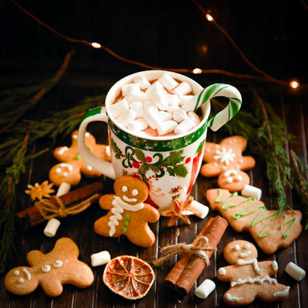 Decoration and background for the new year and Christmas with gingerbreads men, marshmallow, lollipop and garlandの写真素材