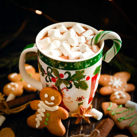Decoration and background for the new year and Christmas with gingerbreads men, marshmallow, lollipop and garlandの写真素材