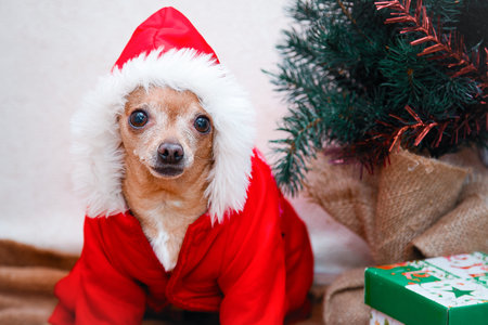 Little dog chihuahua in a suit. Dog in a red background with a Christmas present. New year and...
