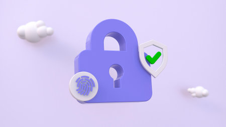 3d render cybersecurity concept. Purple padlock on a light background with clouds. 3d biometric fingerprint password with padlock and shield iconの写真素材