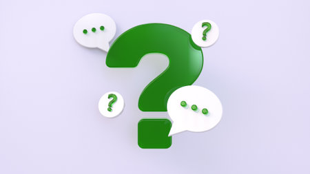 Green glass 3d question mark icon surrounded by speech bubbles. Question and answer concept. 3d illustrationの写真素材