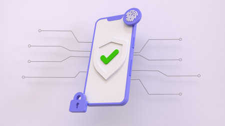 3D rendering. Mobile cyber security concept. Purple phone with protective shield 3d icon and green checkmark with lock and fingerprint icon and Semiconductor connections of computer hardware, microcircuit, motherboard elementsの写真素材