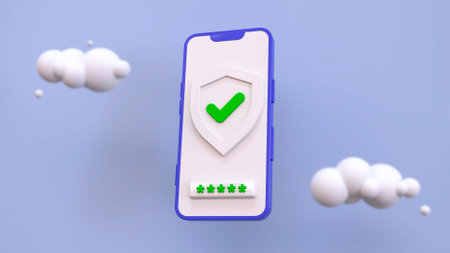 3d render concept of personal data, cyber security. On the screen of the 3D phone, the password entry field is filled in and a green checkmark is displayed on the screen. There are clouds in the backgroundの写真素材