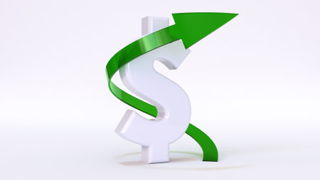 3d render of a white dollar sign with a green growing up arrow on a white background. The financial concept of the growth of the dollarの写真素材