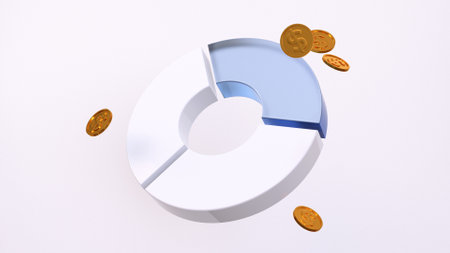 Radial chart with gold coins with glass elements on an isolated background 3d renderingの写真素材