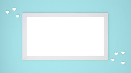 White photo frame on a turquoise background with white hearts. Valentine's day greeting card. Love concept. Place for text. 3d renderの写真素材