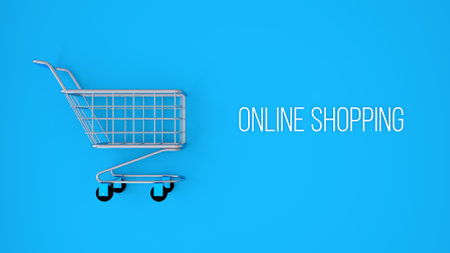 Shopping trolley for shopping and Text "Online shopping" on blue background, consumer concept, minimalism, top view. 3d renderの写真素材