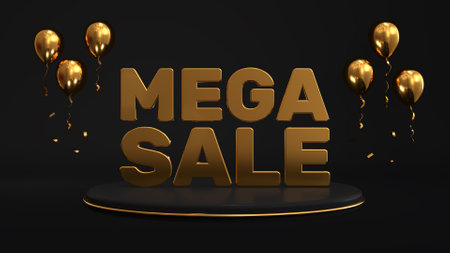 3d render large golden inscription Mega Sale on a golden podium, stage. Surrounded by a supermarket cart, balloons and confettiの写真素材