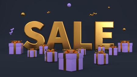 3D rendering of a golden inscription sale surrounded by gifts and confetti hovering around on a dark backgroundの写真素材