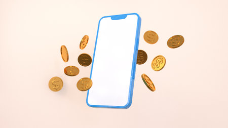 Blue phone around which golden coins are flying, online shopping, online banking, online cashback. 3D renderingの写真素材