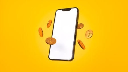 A phone around which gold coins are flying on a yellow background. 3D renderingの写真素材