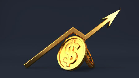 3D illustration of gold up arrow and two gold dollar coins on dark background.の写真素材