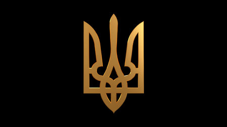 3d render Coat of Arms of Ukraine. Gold state emblem. National ukrainian symbol. Golden trident icon