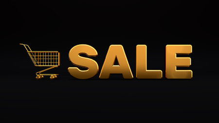 3D rendering of a bright attractive advertisement. Large golden letters SALE with a shopping cart on a black background. Sale concept for stores, online stores, black friday salesの写真素材