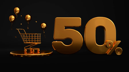 Golden inscription, text 50% on a black, dark background with a golden shopping cart standing on a golden stand, golden balloons and golden confetti. Concept, illustration for black friday. 3d renderの写真素材