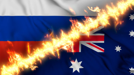 Illustration of a waving flag of russia and Australia separated by a line of fire. Crossed flags: depiction of strained relations, conflicts and rivalry between the two countriesの写真素材