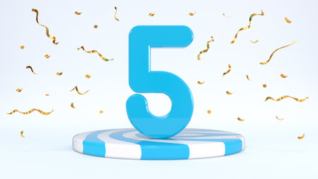 Text 5 standing on a striped stand, podium, stage surrounded by confetti. Greeting card, discount card, sale, holiday discount, birthday, grand opening. 3d renderの写真素材